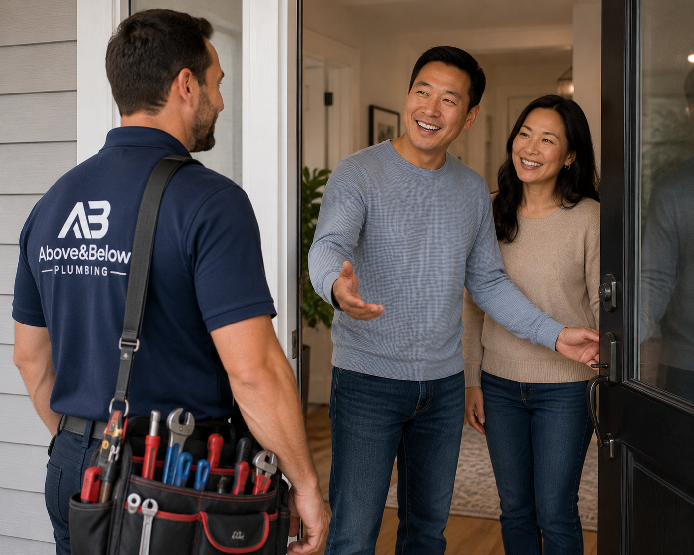 Above & Below plumber speaking with a homeowner
