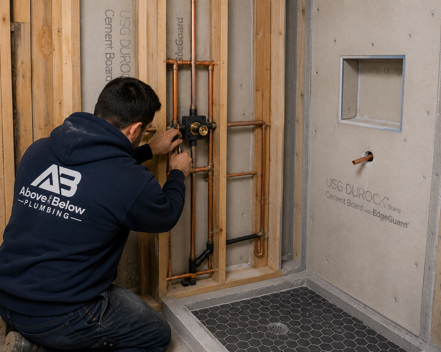 Above & Below plumbing team servicing a water heater