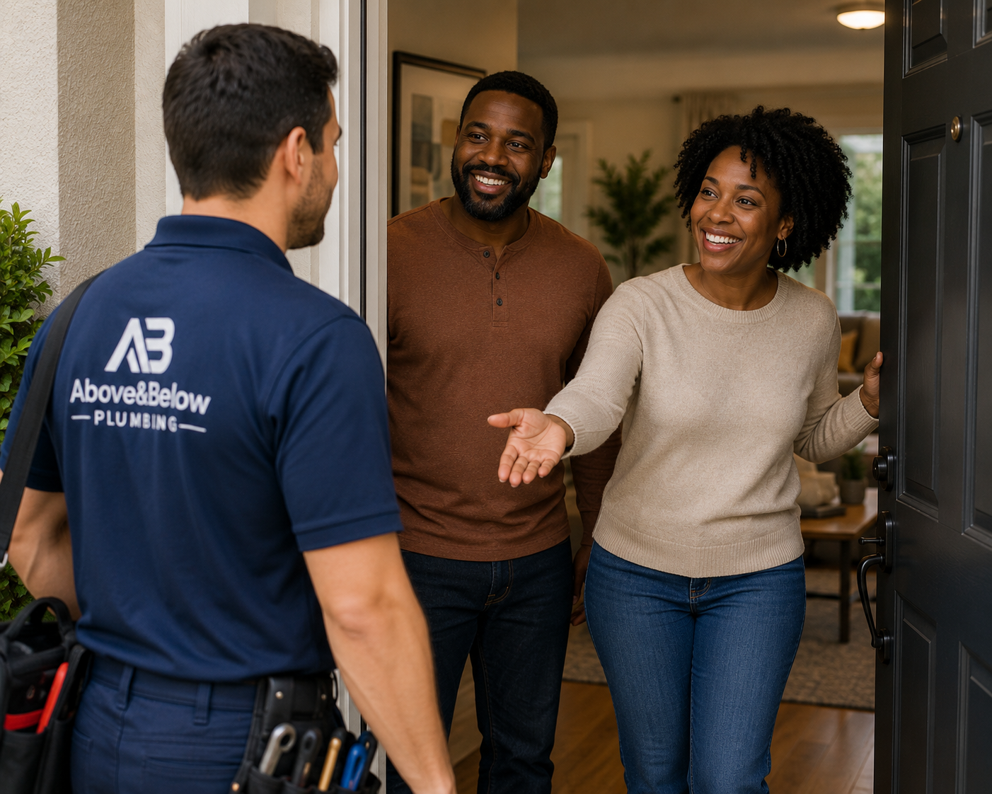 Above & Below plumber shaking hands with a homeowner