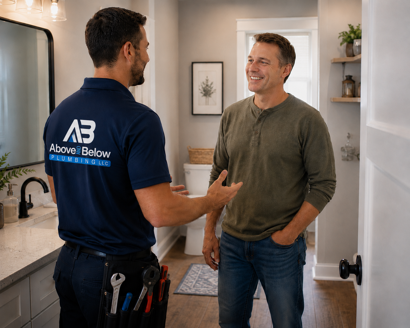 Above & Below plumber speaking with a homeowner in the kitchen